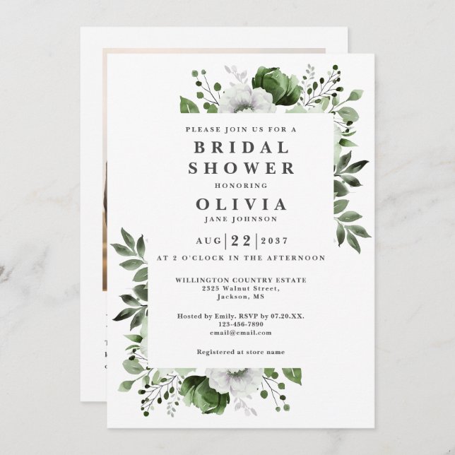 Invitación Floral verde oliva ducha de novia Foto Código QR (Anverso / Reverso)