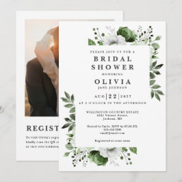 Invitación Floral verde oliva ducha de novia Foto Código QR