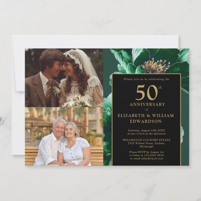 Invitación Floral Verde Oro Negro 50 Aniversario 2 Foto (Anverso)
