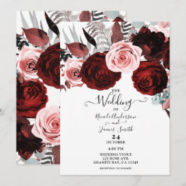 Invitación Floral Verde Oscuro Rojo y Rosa Blanco Boda