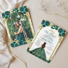 Invitación Floral verde Princesa Arco de Oro Foto Quinceanera