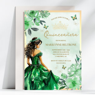 Invitación Floral Verde Princesa Mariposa Quinceañera