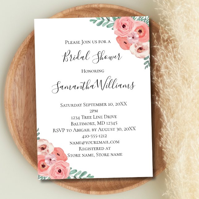 Invitación Floral verde rosa Rubor blanco ducha de novia (Pink Floral Watercolor Bridal Shower Invitation)