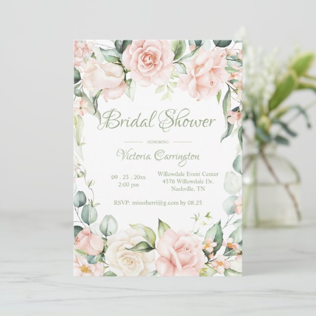 Invitación Floral verde rosa y sabrosa elegante ducha de novi (Anverso de pie)