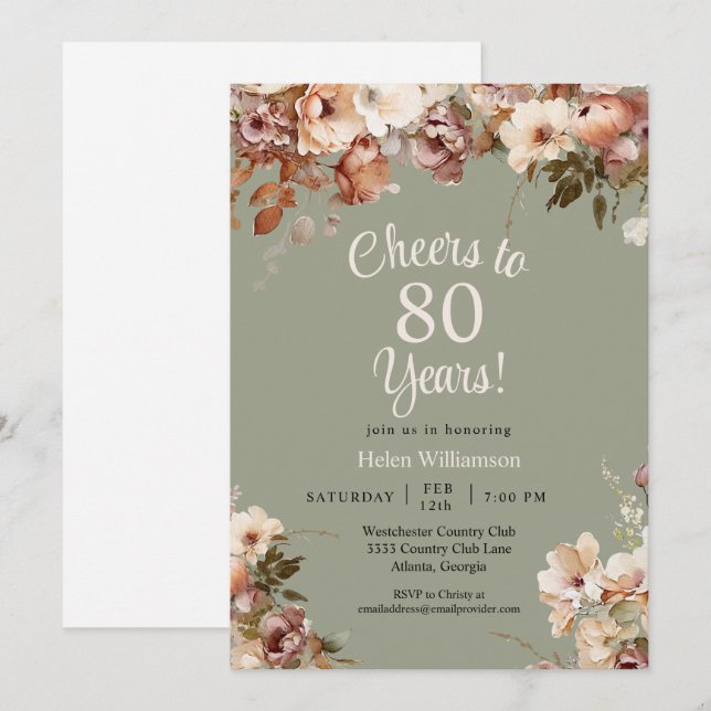 Invitación Floral verde sabia 80 años de vigilia a 80 años (Anverso / Reverso)
