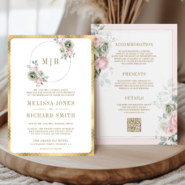 Invitación Floral verde salada rosa Rubor en un solo Boda (Subido por el creador)