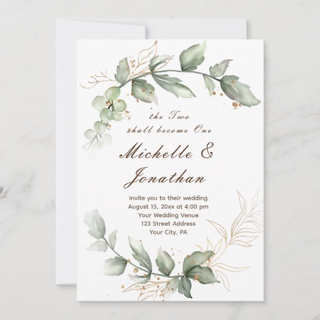 Invitación Floral verde salada todo en un Boda cristiano (Anverso)