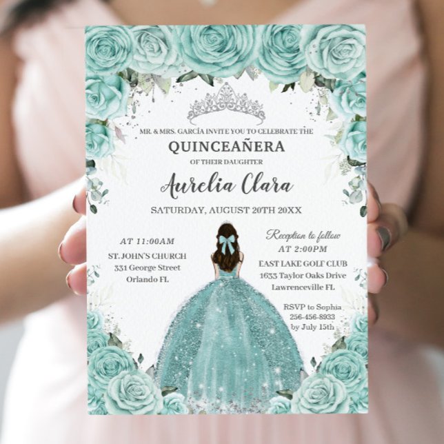 Invitación Floral verde turquesa Princesa Plata Quinceañera (Subido por el creador)