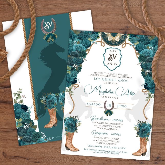 Invitación Floral verde verde azulada Charro Occidental Quinc (Subido por el creador)