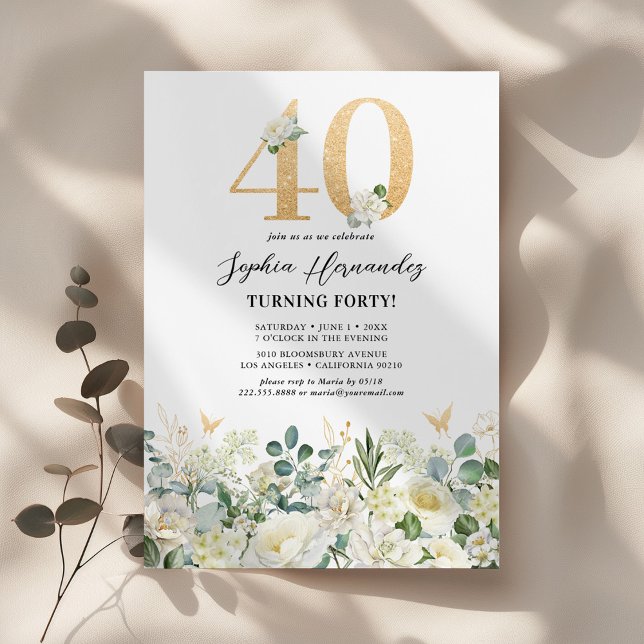 Invitación Floral verde y blanca 40.º Fiesta de cumpleaños (Subido por el creador)