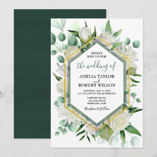 Invitación Floral verde y blanca con marco dorado