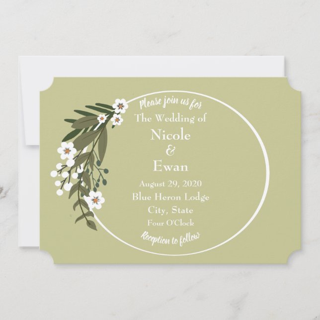 Invitación Floral Verde y Blanco Rústico Country o Boho (Anverso)