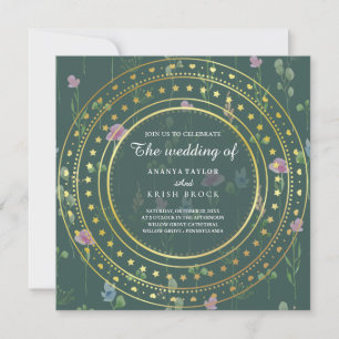 Invitación Floral verde y dorada, Boda