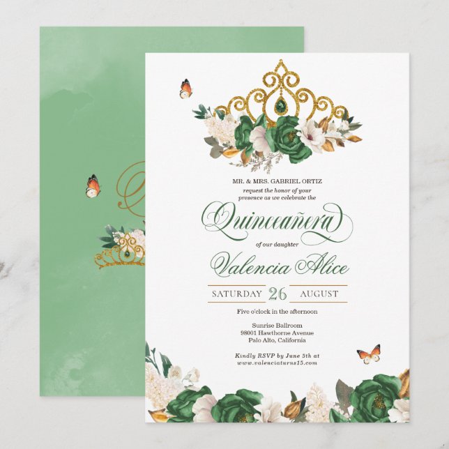 Invitación Floral verde y dorada tiara mariposa Quinceañera (Anverso / Reverso)
