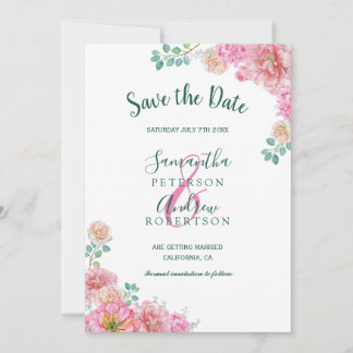 Invitación Floral Verde y Rosa Aquarela save the date