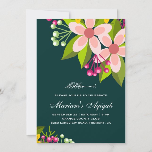 Invitación Floral vibrante niña bebé Aqiqah (Anverso)