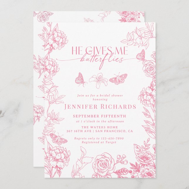Invitación Floral victoriana | Butterflies Bridal Shower (Anverso / Reverso)
