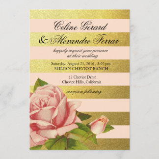 Invitación Floral vintage a rayas de Relieve metalizado dorad