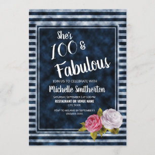 Invitación Floral Vintage Azul Blanco Raya 100 Cumpleaños