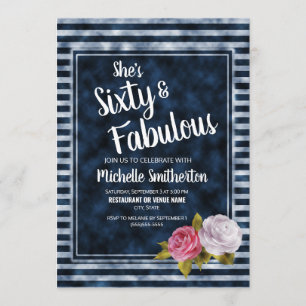 Invitación Floral Vintage Azul Blanco Raya 60 Cumpleaños
