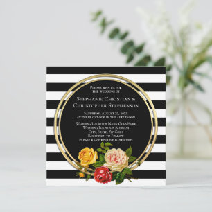 Invitación Floral vintage Black and White Stripe Personalizad