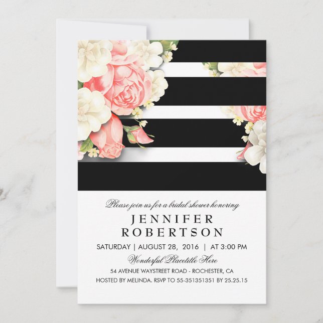 Invitación Floral Vintage Black White Stripes Bridal Shower (Anverso)
