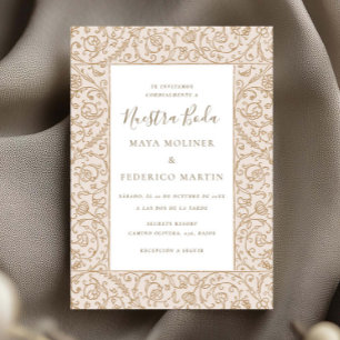 Invitación Floral Vintage Crema y Oro Nuestra Boda Boda