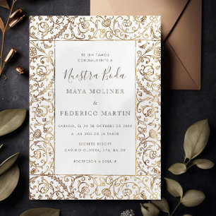 Invitación Floral Vintage Dorado & Crema Nuestra Boda Boda