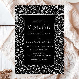 Invitación Floral Vintage Negro & Blanco Nuestra Boda Boda