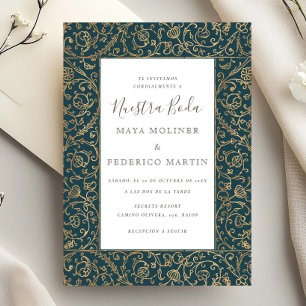 Invitación Floral Vintage Oro Azul Nilo Nuestra Boda Boda