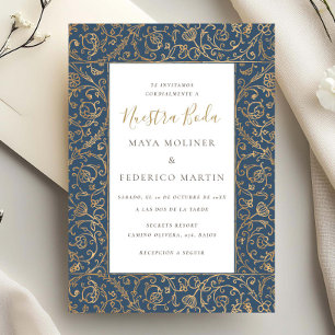 Invitación Floral Vintage Oro & Azul Nuestra Boda Boda