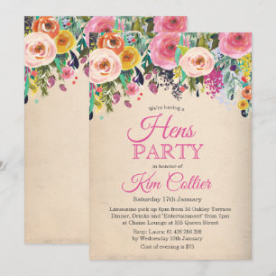 Invitación floral vintage para fiesta de gallinas