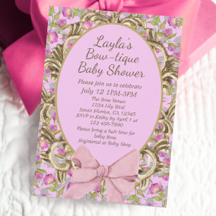 Invitación Floral Vintage Pink Bow Boutique Baby Shower