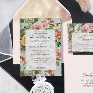 Invitación Floral Vintage Rosa Amarillo Botánico Aves I