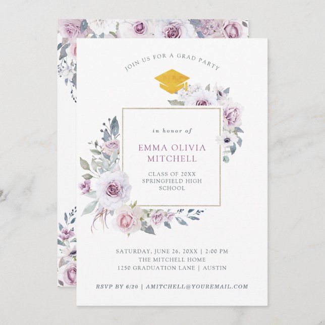 Invitación Floral violeta de Rubor| Partido de Graduación (Anverso / Reverso)