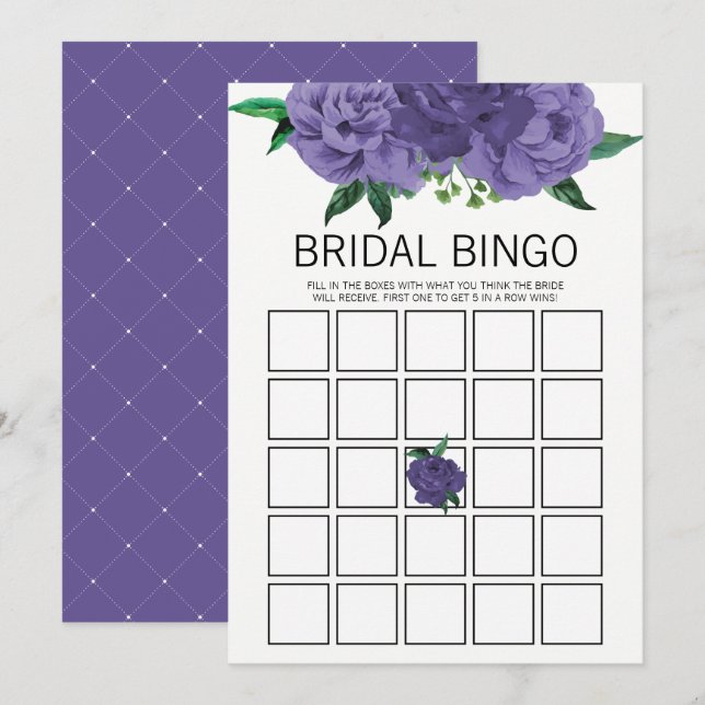 Invitación Floral Violeta Púrpura Ducha de novia Bingo Tarjet (Anverso / Reverso)