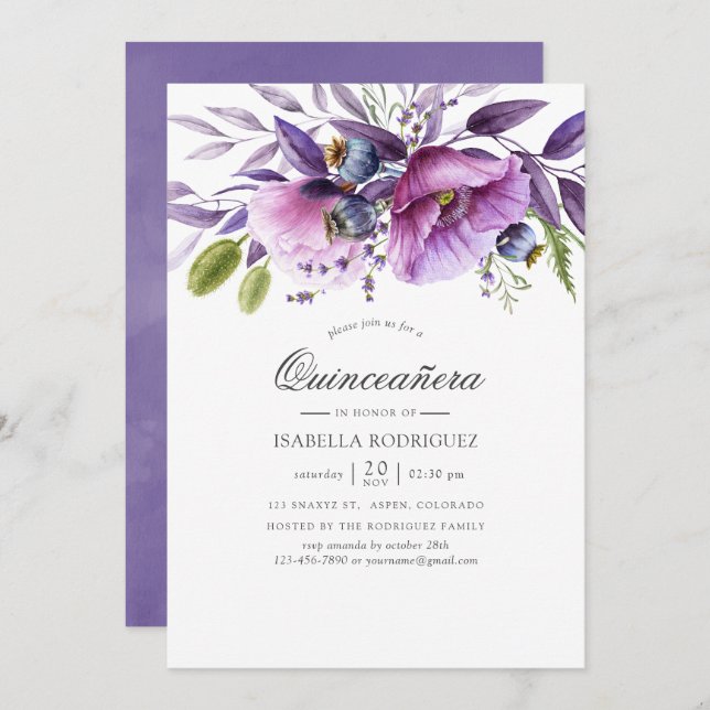 Invitación Floral violeta Quinceañera (Anverso / Reverso)