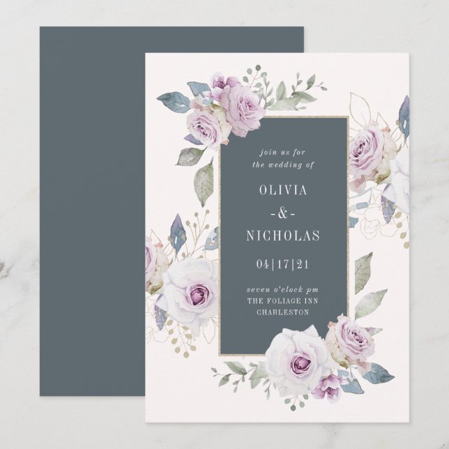 Invitación Floral violeta suave Rubor con gris | Boda (Anverso / Reverso)