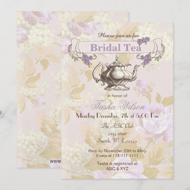 Invitación floral violeta vintage Bridal Tea Fiesta (Anverso / Reverso)
