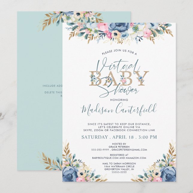 Invitación Floral Virtual Baby Shower Navy Blue Verde azulado (Anverso / Reverso)