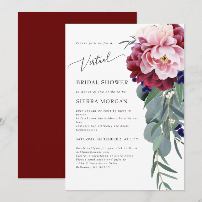 Invitación Floral virtual de novia Rubor rosa borgoña (Anverso / Reverso)