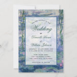 Invitación Floral Water Lilies Monet Pintura Elegante Boda<br><div class="desc">Esta invitación botánica tiene como fondo una pintura de nenúfares de Claude Monet (ahora de dominio público). El texto está en un rectángulo blanco transparente. La ocasión "Boda" y los nombres están escritos en un elegante guión caligráfico azul,  el resto en pequeños gorros negros.</div>