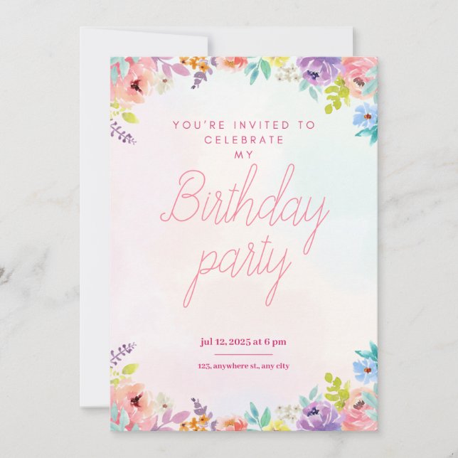 Invitación Floral watercolor adults birthday invitation (Anverso)