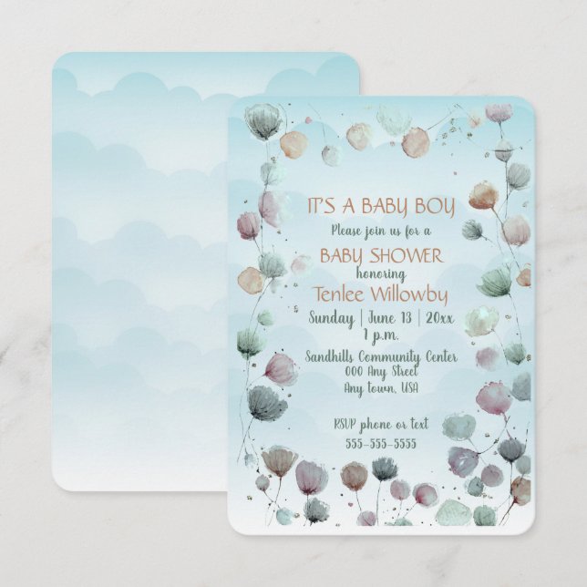 Invitación Floral Watercolor Baby Boy Shower Invitation (Anverso / Reverso)