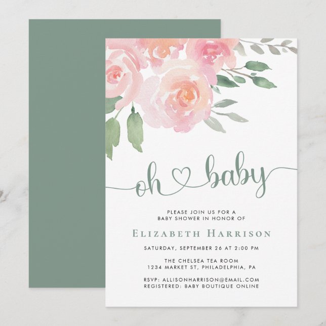 Invitación Floral Watercolor Baby Shower (Anverso / Reverso)