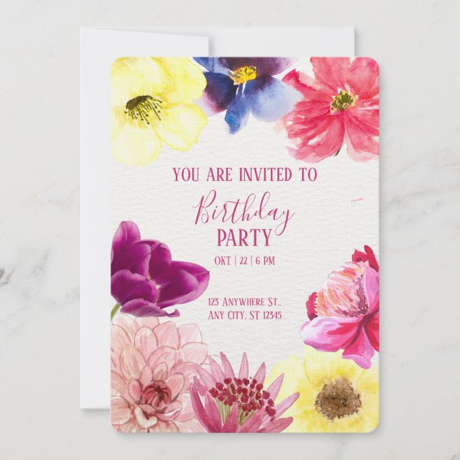 Invitación Floral Watercolor Birthday Invitation (Anverso)