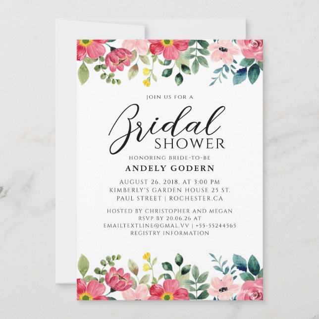 Invitación Floral Watercolor Bridal Shower (Anverso)