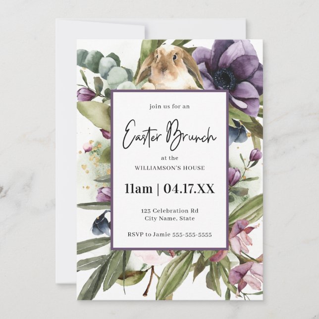 Invitación Floral Watercolor Bunny Easter Brunch (Anverso)