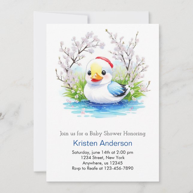 Invitación Floral Watercolor DuckBoy Baby Shower (Anverso)