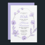 Invitación Floral Watercolor Lavender 80th Birthday Party<br><div class="desc">Esta invitación a la fiesta de cumpleaños número 80 incluye una delicada corona de vid acentuada con flores de acuarela de lavanda, y "80" y el nombre del chica de cumpleaños en un elegante guión de lavanda. Usted puede fácilmente personalizar los detalles del fiesta y cambiar el año de cumpleaños...</div>